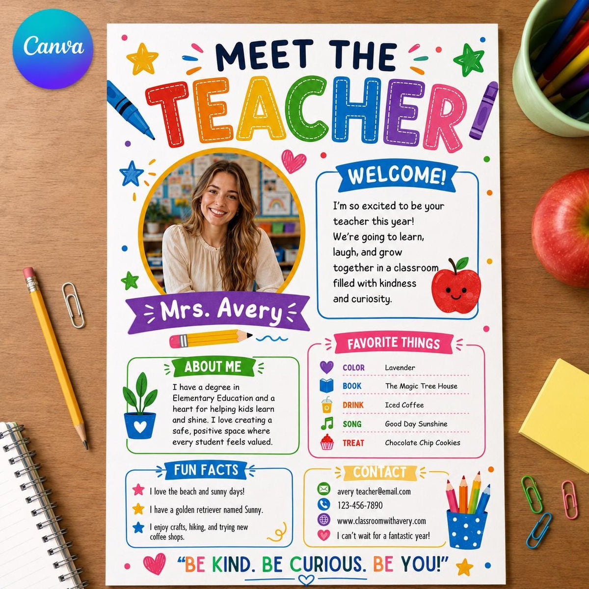 Colorful Photo Meet the Teacher Introduction Template — editable Canva template