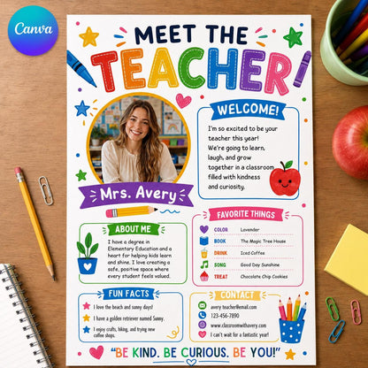 Colorful Photo Meet the Teacher Introduction Template — editable Canva template