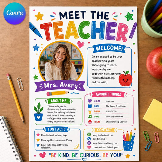 Colorful Photo Meet the Teacher Introduction Template — editable Canva template