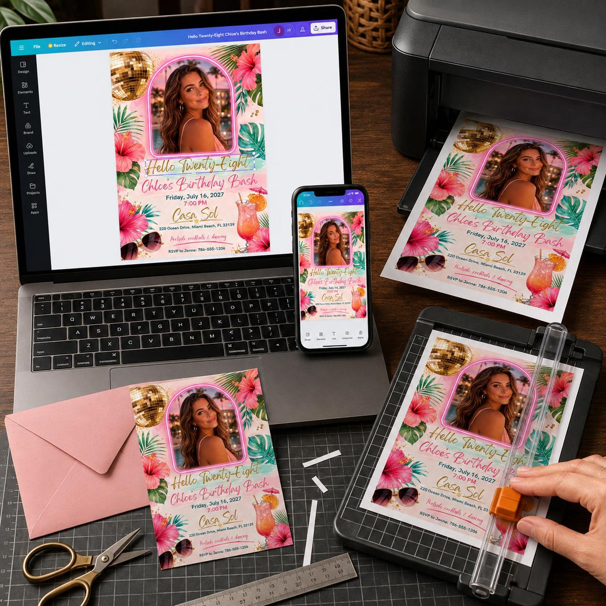 Pink Neon 28th Birthday Invitation — print-ready 28th birthday party design from VoltBy