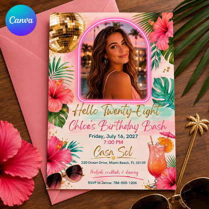 Pink Neon 28th Birthday Invitation — editable Canva template
