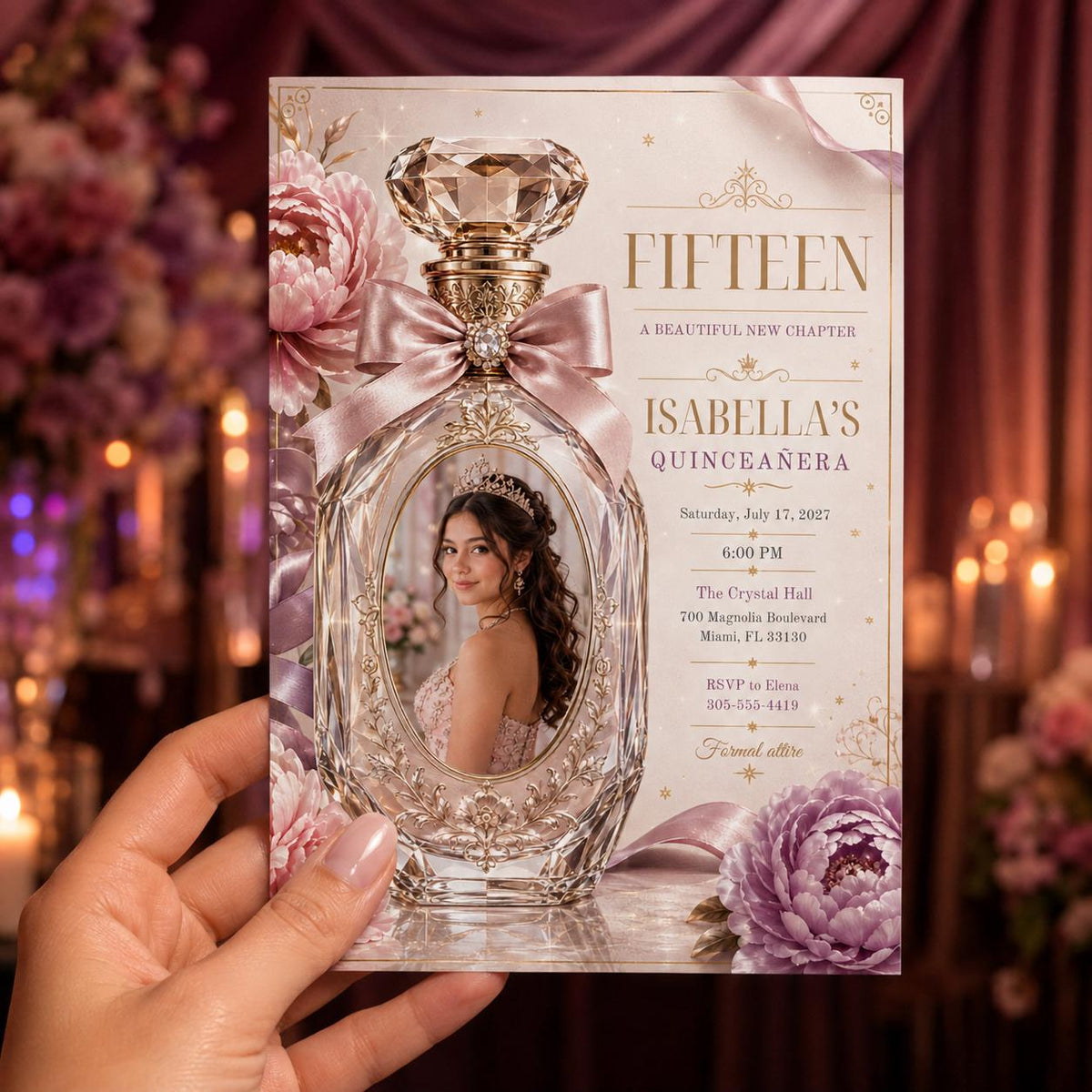 Quinceanera Invitation, Pink Perfume Bottle Photo Invite, Luxury Floral Sweet 15 Editable Canva Template