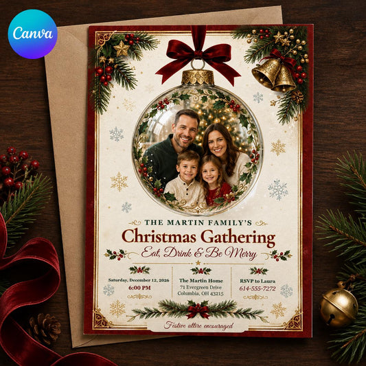 Christmas Party Invitation, Family Holiday Gathering Photo Ornament Invite, Vintage Red Green Editable Canva Template