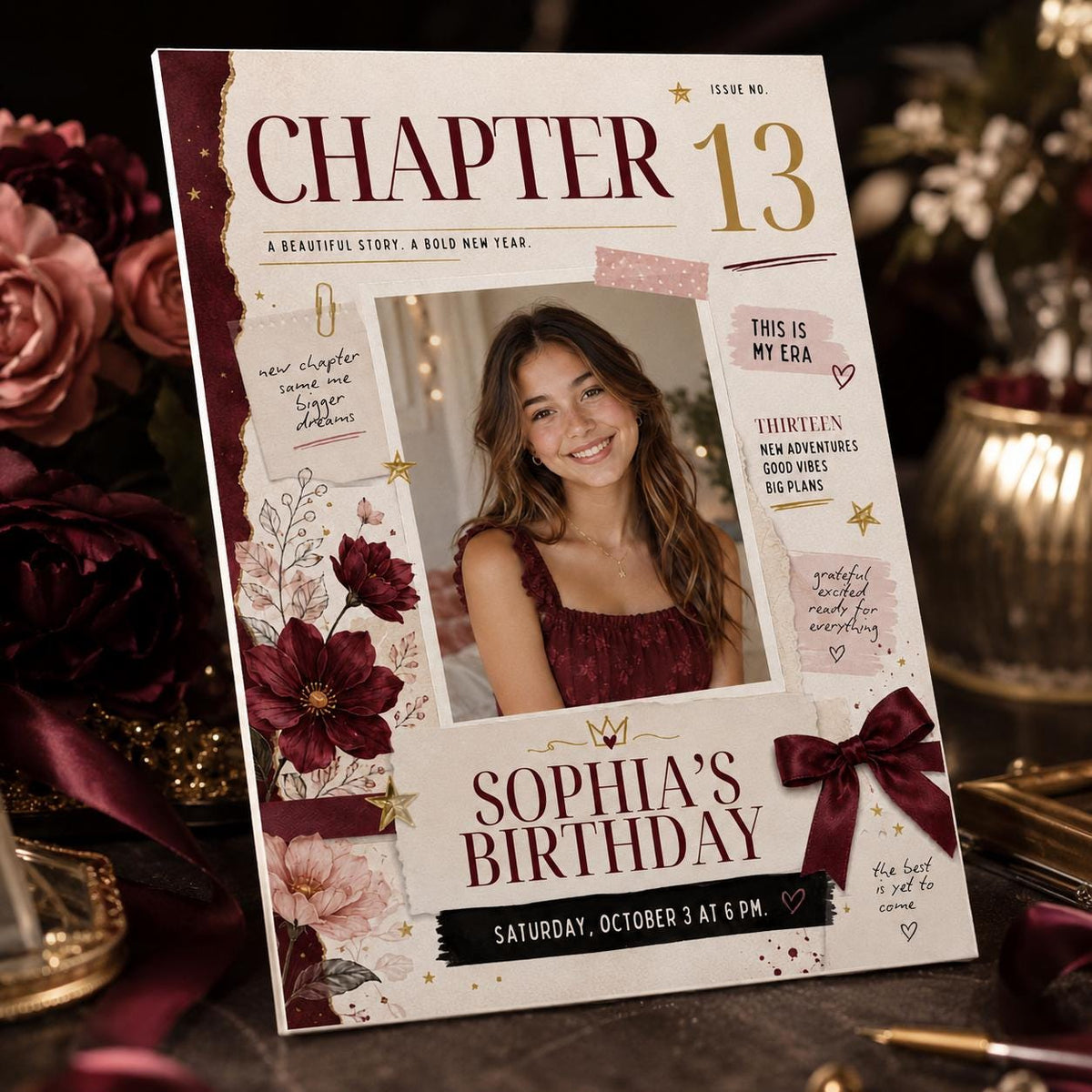 Burgundy Coquette 13th Birthday Invitation for Girls — invitation you personalize in Canva