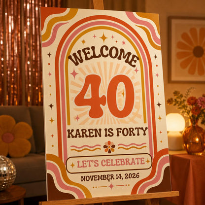 40th Birthday Welcome Sign, Retro Groovy 70s Party Poster, Orange Pink Milestone Birthday Decor, Editable Canva Template