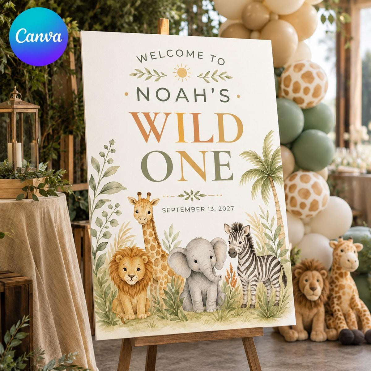 Safari Wild One Birthday Welcome Sign — editable Canva template