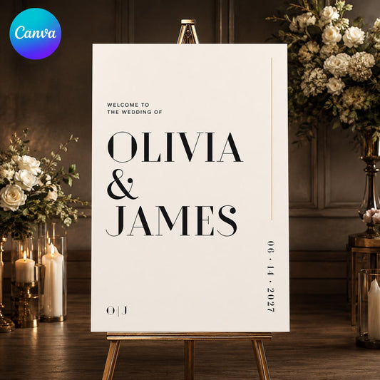 Minimalist Wedding Welcome Sign, Modern Typography Black White Entrance Poster, Editable Printable Canva Template