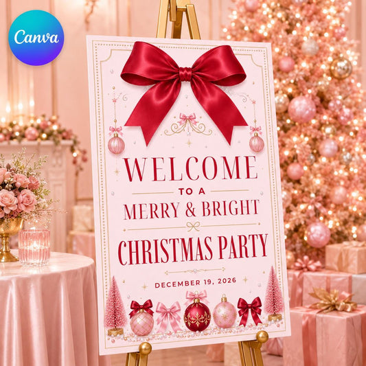 Christmas Party Welcome Sign, Pink Red Bow Merry and Bright Holiday Poster, Editable Printable Event Sign, Canva Template