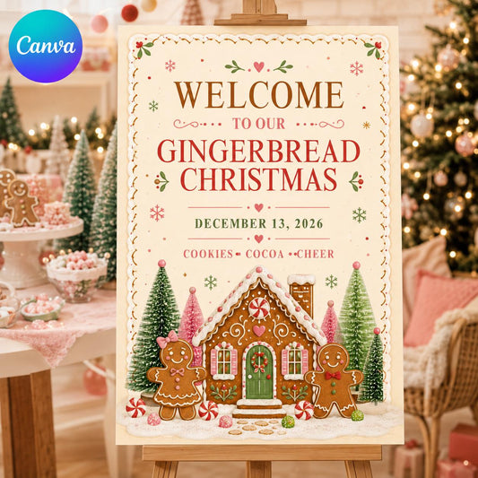 Christmas Party Welcome Sign, Gingerbread House Cookie Holiday Poster, Editable Printable Christmas Sign, Canva Template