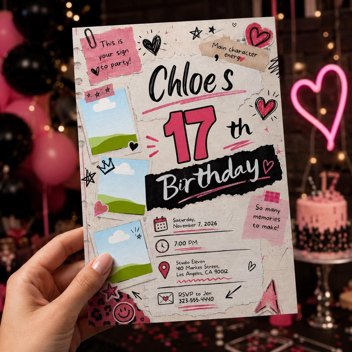 Pink 17th Birthday Photo Invitation for Girls — design view 2