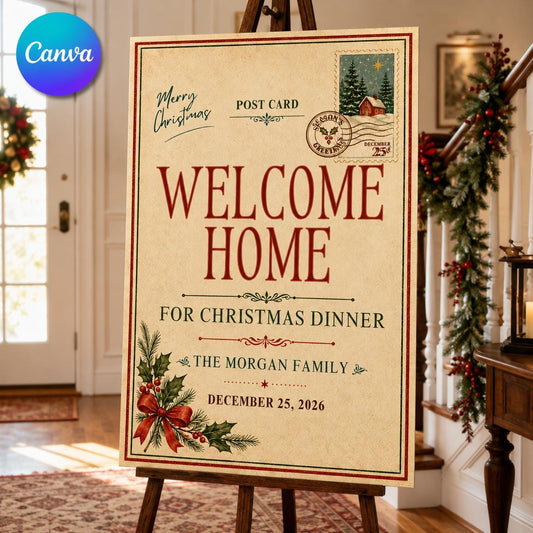 Christmas Dinner Welcome Sign, Vintage Holiday Postcard Family Party Poster, Editable Printable Canva Template