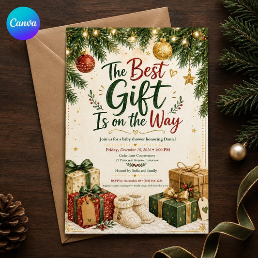 Red and Green Christmas Baby Shower Invitation: Holiday Winter — editable Canva template