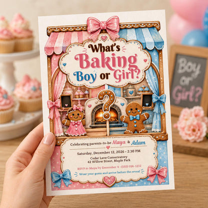 Gingerbread Gender Reveal Invitation, What's Baking Boy or Girl Christmas Reveal, Pink Blue Holiday Invite Canva Template