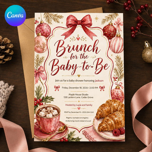 Christmas Baby Shower Brunch Invitation, Pink Red Holiday Baby-to-Be Brunch, Printable Editable Winter Canva Template