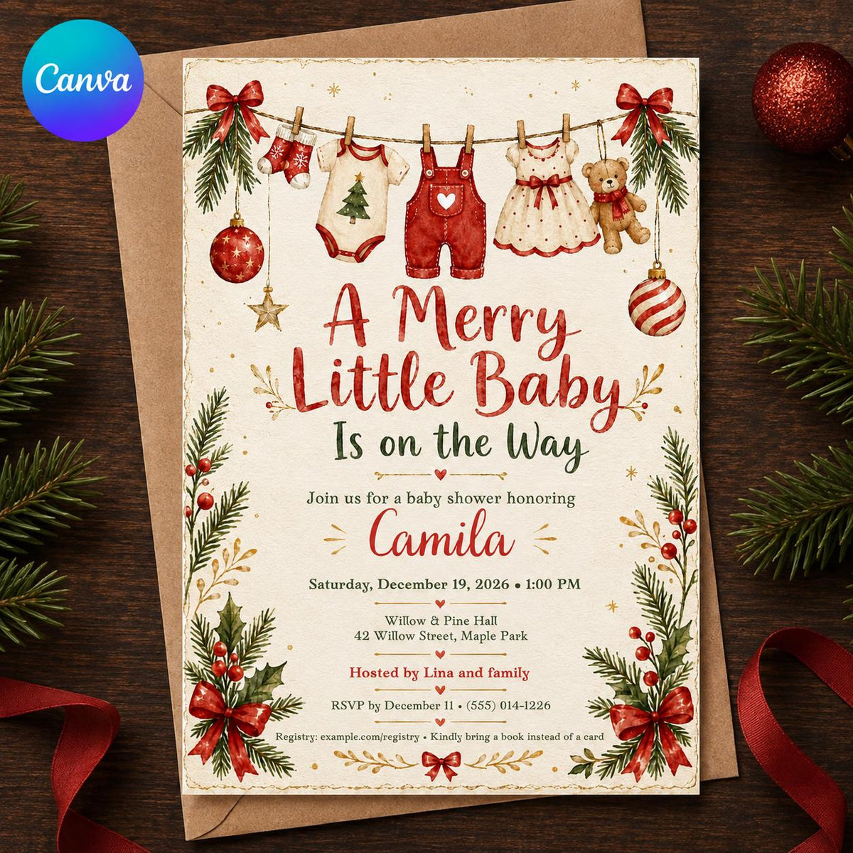 Christmas Baby Shower Invitation, Merry Little Baby Holiday Invite, Red Green Winter Printable Editable Canva Template