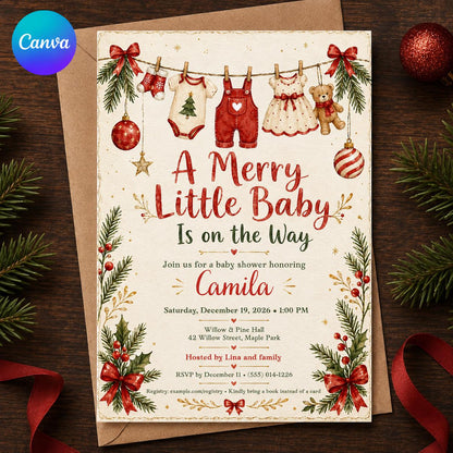Christmas Baby Shower Invitation, Merry Little Baby Holiday Invite, Red Green Winter Printable Editable Canva Template