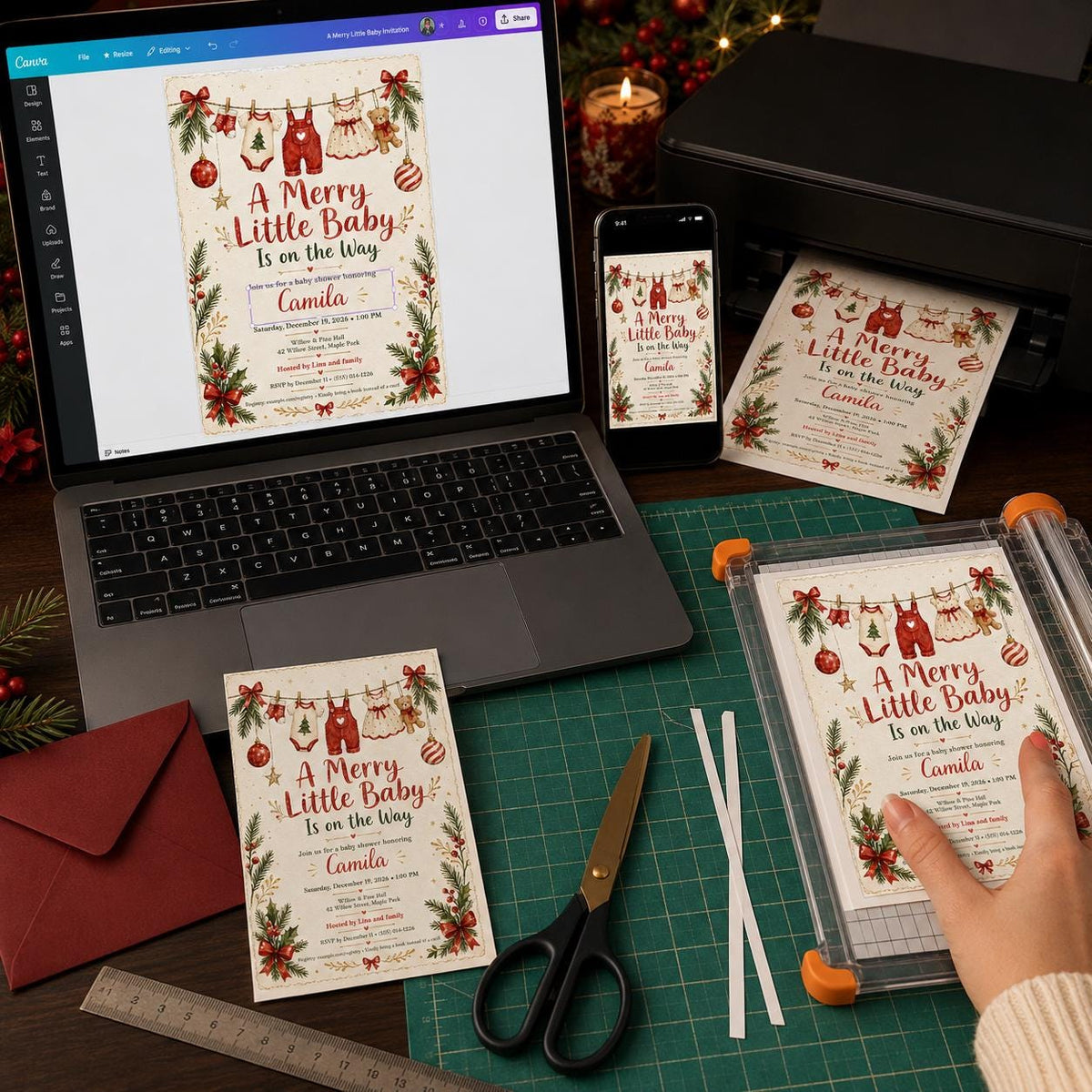 Christmas Baby Shower Invitation, Merry Little Baby Holiday Invite, Red Green Winter Printable Editable Canva Template