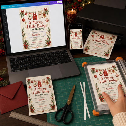 Christmas Baby Shower Invitation, Merry Little Baby Holiday Invite, Red Green Winter Printable Editable Canva Template