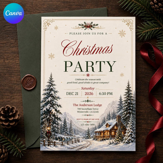 Christmas Party Invitation, Rustic Winter Lodge Holiday Gathering, Snowy Cabin Dinner Invite, Editable Canva Template
