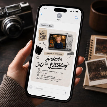 Vintage 30th Birthday Photo Invitation: Vintage 1996 Retro Camera — digital invitation, instant download