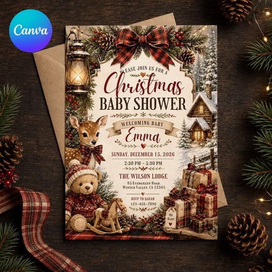 Rustic Christmas Baby Shower Invitation with Teddy Bear — editable Canva template