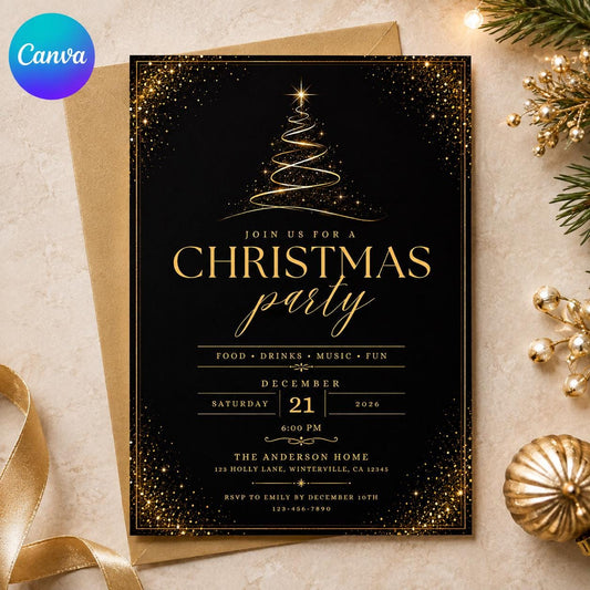 Christmas Party Invitation, Black Gold Elegant Holiday Invite, Luxury Winter Cocktail Dinner Party Editable Canva Template