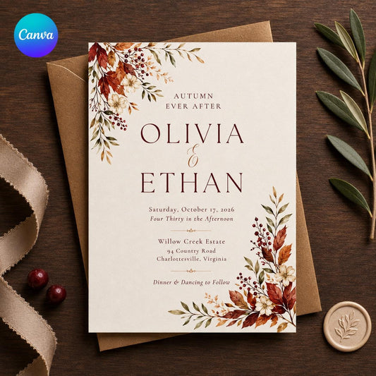 Fall Wedding Invitation, Autumn Floral Wedding Invite, Burgundy Rust Editable Printable Invitation Canva Template