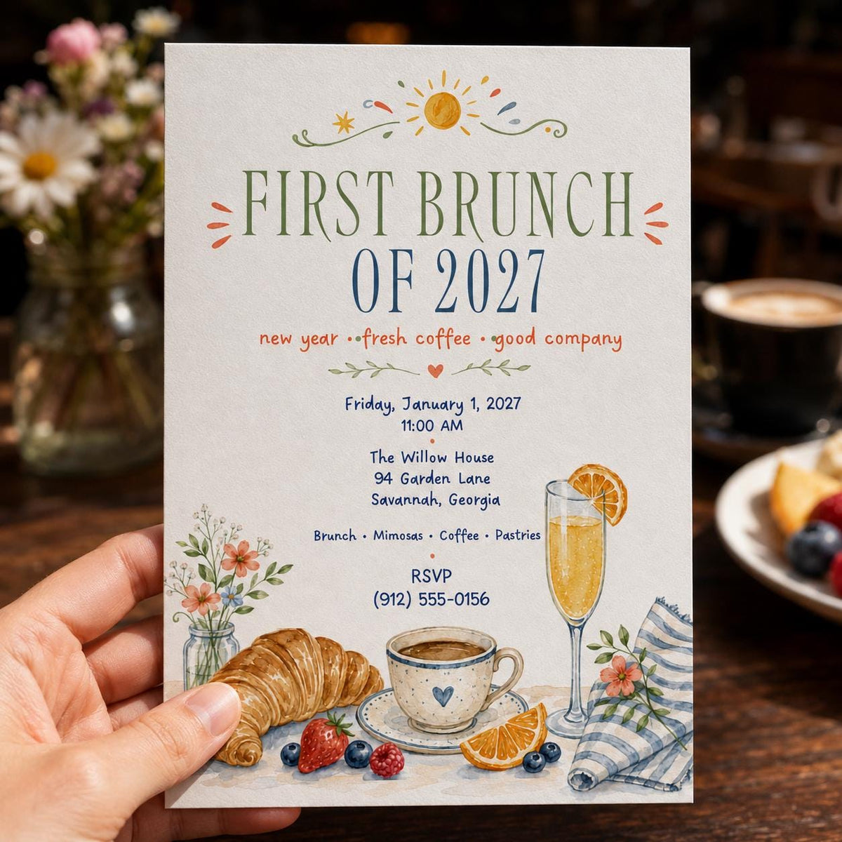 New Years Day Brunch Invitation, 2027 Brunch Party Invite, Watercolor Breakfast Mimosa Printable, Editable Canva Template