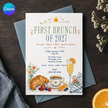 New Years Day Brunch Invitation, 2027 Brunch Party Invite, Watercolor Breakfast Mimosa Printable, Editable Canva Template