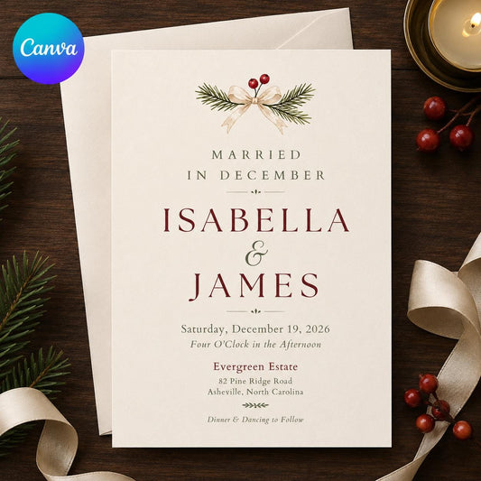 Christmas Wedding Invitation Template, Married in December Winter Wedding Invite, Elegant Holiday Greenery, Editable Canva Template