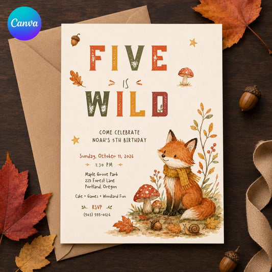 5th Birthday Invitation, Five is Wild Woodland Fox Party Invite, Fall Forest Animals Editable Printable Canva Template