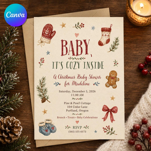 Christmas Baby Shower Invitation, Baby It's Cozy Inside Winter Holiday Shower Invite, Editable Printable Canva Template