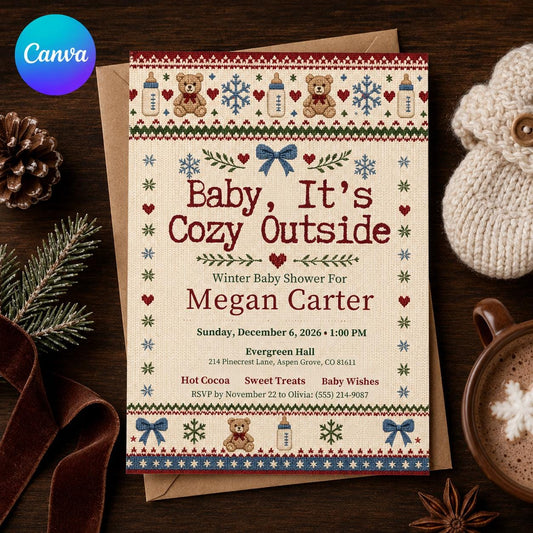 Cozy Sweater Teddy Winter Baby Shower Invitation — editable Canva template