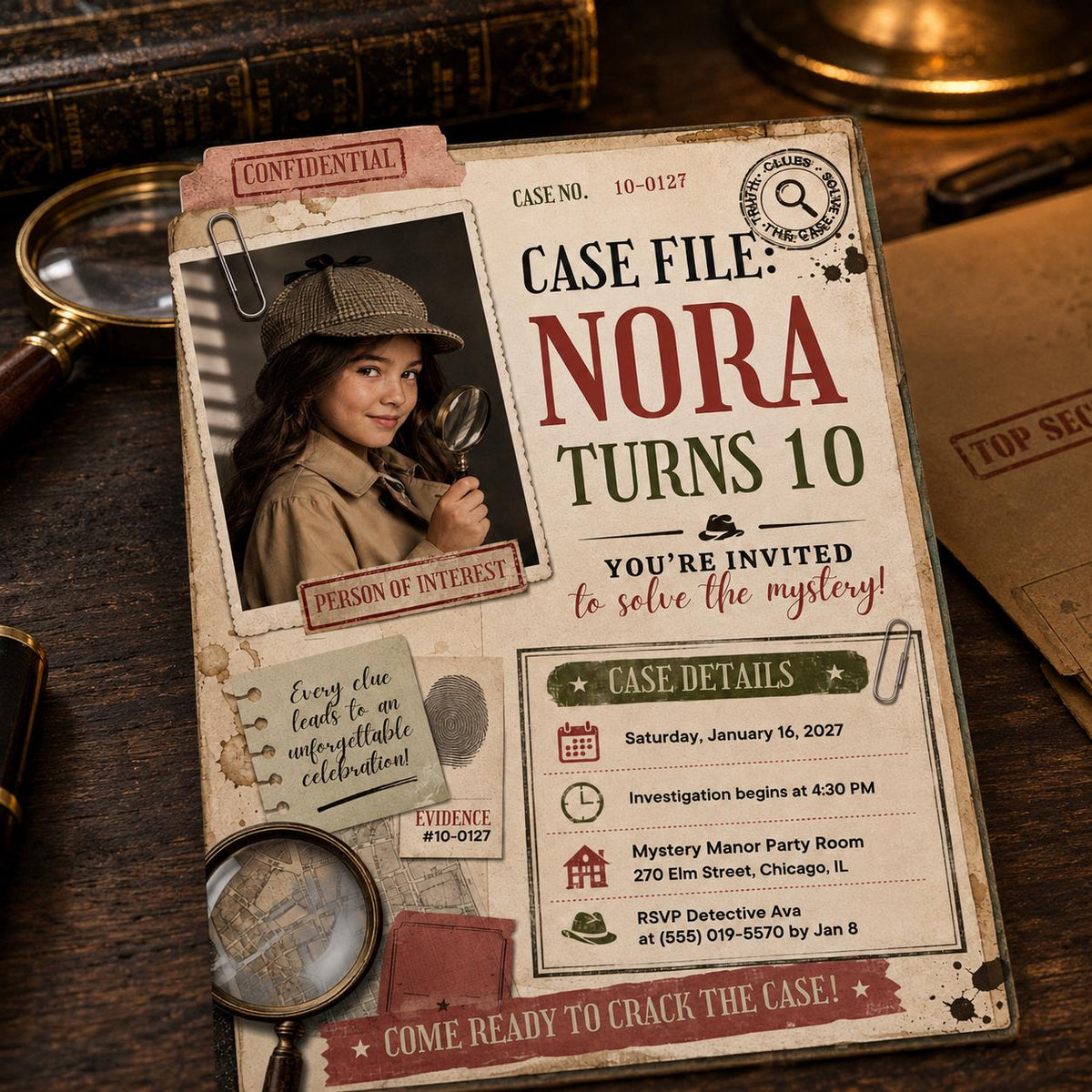 Detective Mystery 10th Birthday Invitation — invitation you personalize in Canva