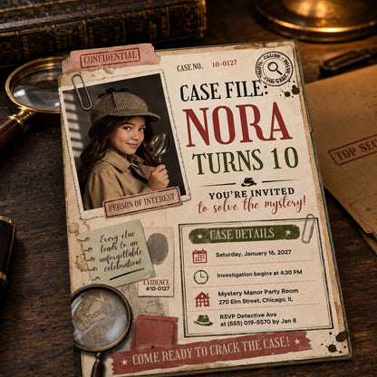 Detective Mystery 10th Birthday Invitation — invitation you personalize in Canva