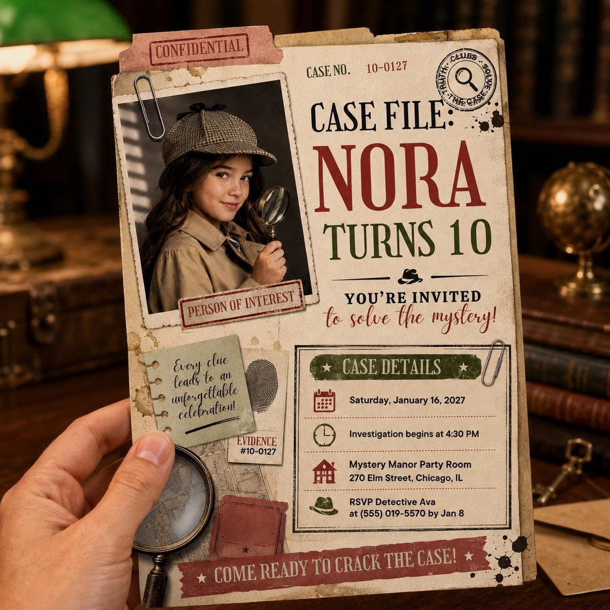 Detective Mystery 10th Birthday Invitation — digital invitation, instant download