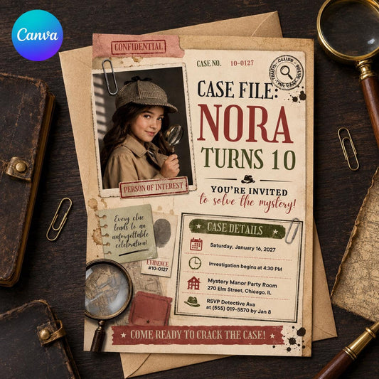 Detective Mystery Birthday Invitation, 10th Birthday Case File Party, Kids Sleuth Editable Printable Canva Template