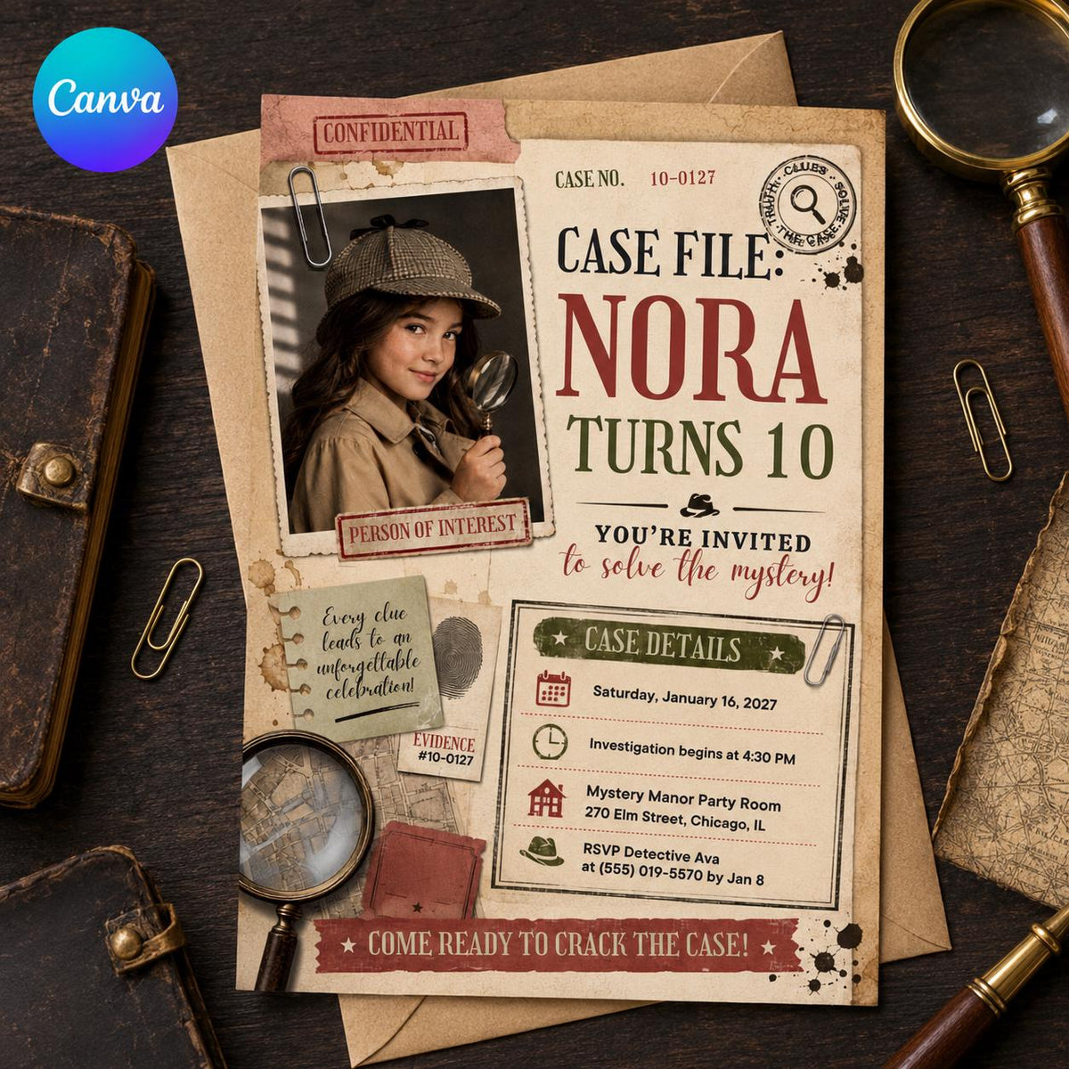 Detective Mystery 10th Birthday Invitation — editable Canva template