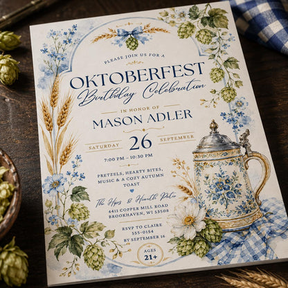 Oktoberfest Birthday Invitation, Watercolor Bavarian Beer Party Invite, Blue Floral Pretzel Celebration, Editable Canva Template