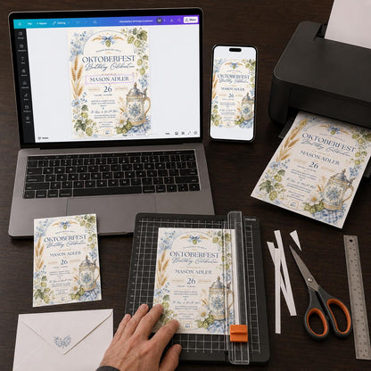 Oktoberfest Birthday Invitation, Watercolor Bavarian Beer Party Invite, Blue Floral Pretzel Celebration, Editable Canva Template