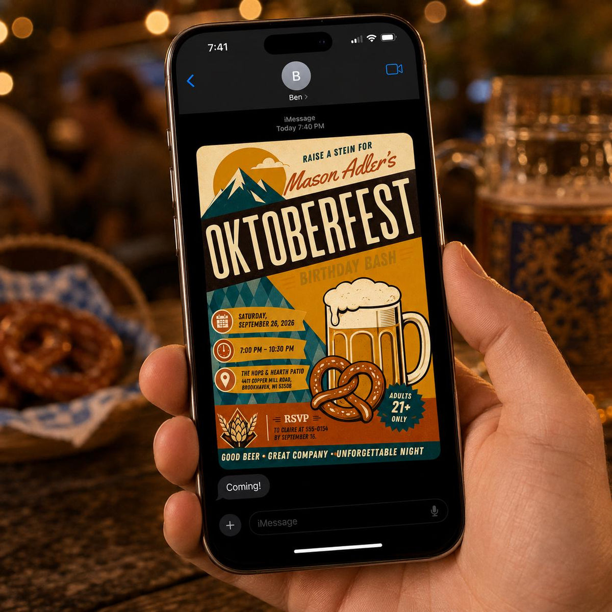 Oktoberfest Birthday Invitation, Retro Beer Pretzel Party Invite, Bavarian Adult Celebration Editable Canva Template