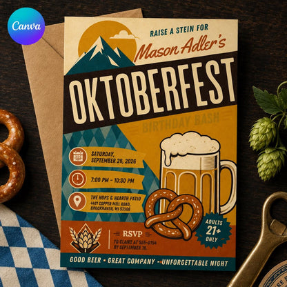 Oktoberfest Birthday Invitation, Retro Beer Pretzel Party Invite, Bavarian Adult Celebration Editable Canva Template