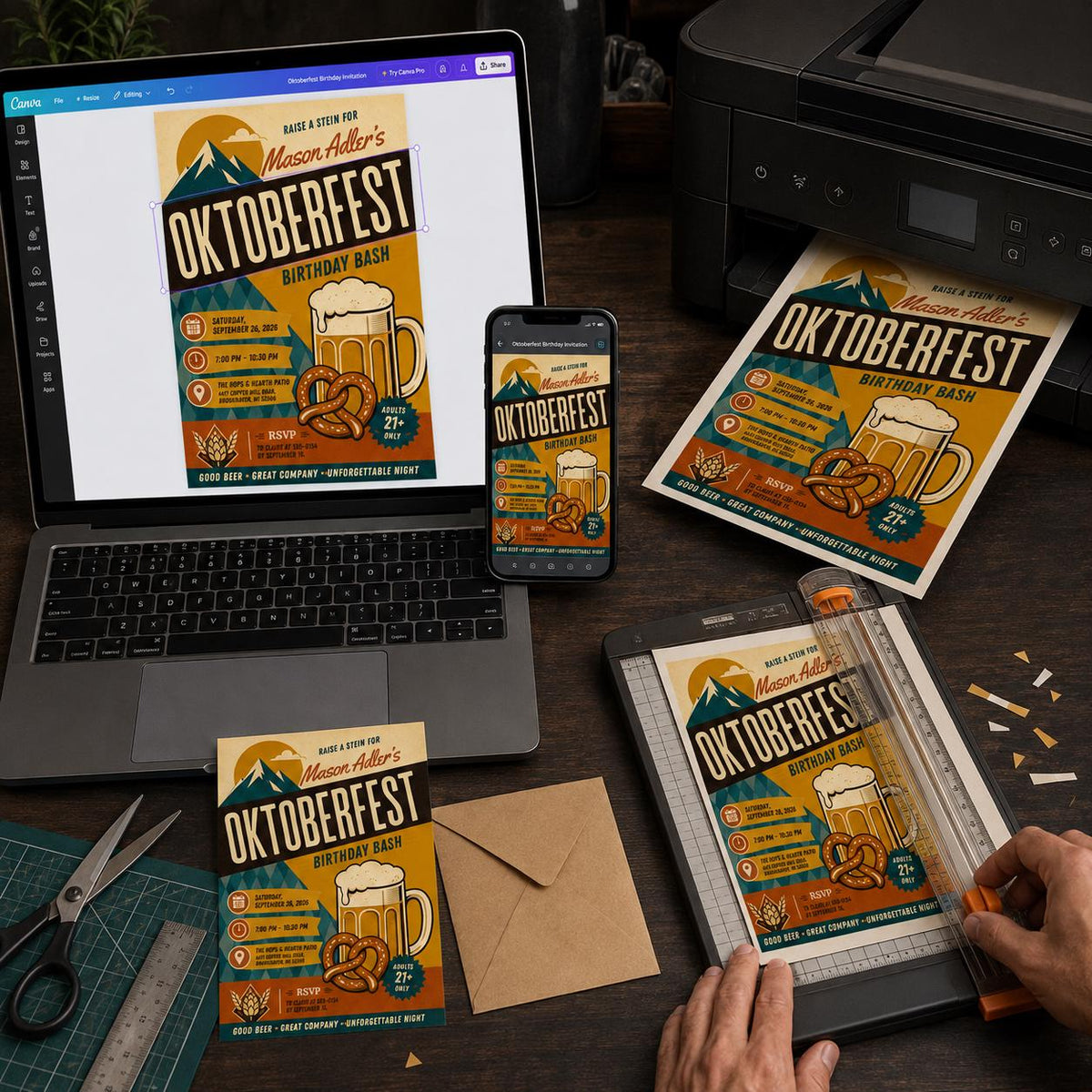 Oktoberfest Birthday Invitation, Retro Beer Pretzel Party Invite, Bavarian Adult Celebration Editable Canva Template