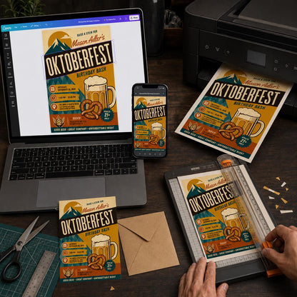 Oktoberfest Birthday Invitation, Retro Beer Pretzel Party Invite, Bavarian Adult Celebration Editable Canva Template