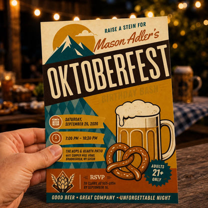 Oktoberfest Birthday Invitation, Retro Beer Pretzel Party Invite, Bavarian Adult Celebration Editable Canva Template