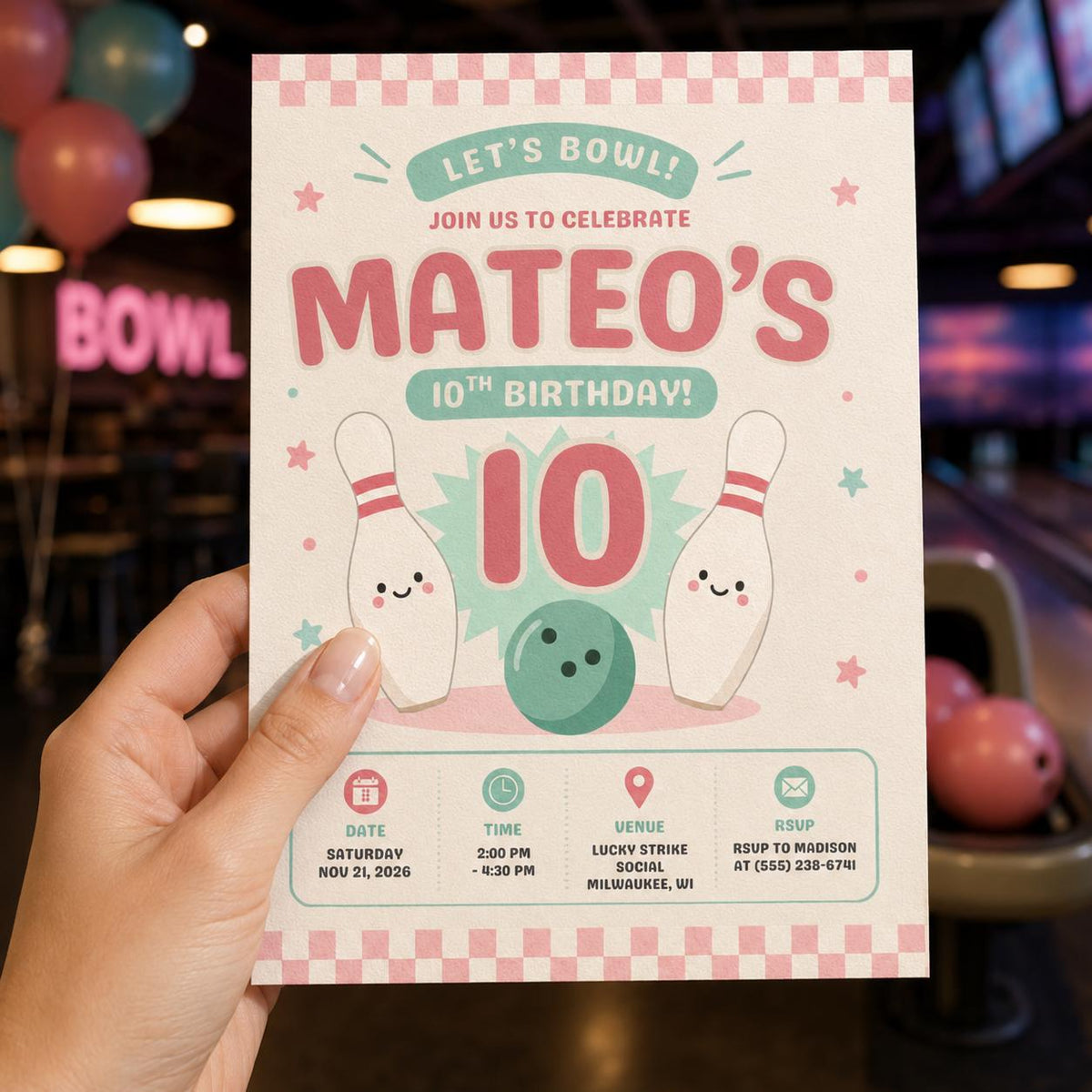 Bowling Birthday Invitation, Pink 10th Birthday Party, Cute Pastel Girl Bowling Editable Printable Canva Template