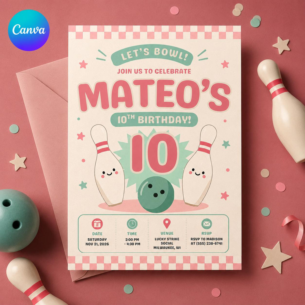 Bowling Birthday Invitation, Pink 10th Birthday Party, Cute Pastel Girl Bowling Editable Printable Canva Template