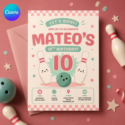 Bowling Birthday Invitation, Pink 10th Birthday Party, Cute Pastel Girl Bowling Editable Printable Canva Template