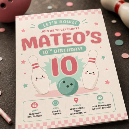 Bowling Birthday Invitation, Pink 10th Birthday Party, Cute Pastel Girl Bowling Editable Printable Canva Template