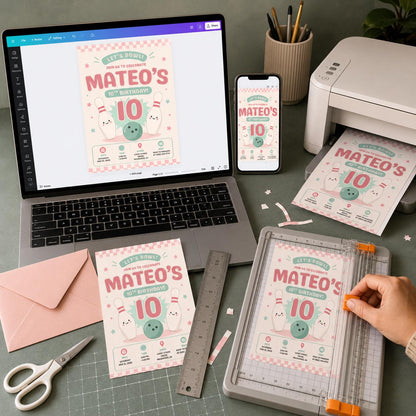 Bowling Birthday Invitation, Pink 10th Birthday Party, Cute Pastel Girl Bowling Editable Printable Canva Template